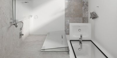 Moderne Badezimmergestaltung mit eleganten Fliesen und Armaturen Ein modernes Badezimmer mit einer eleganten Dusche und einer freistehenden Badewanne, umgeben von hellen Fliesen und Glas.