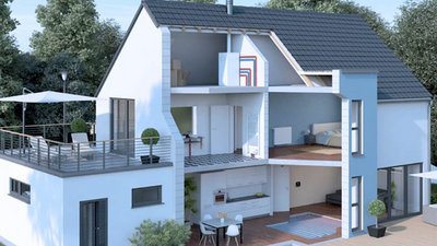 Ein Haus mit einer Heizung vom Dach